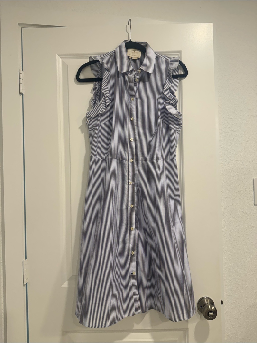 Kate Spade Broome Street Ruffle poplin Blue Striped Sleeveless
Shirt Dress